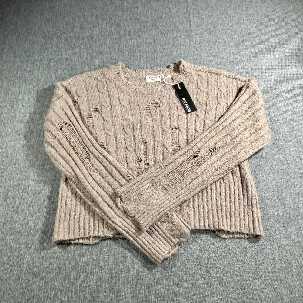NYC Knits Women Distressed Cable Knit Sweater Large Taupe Cropped Edgy NWT